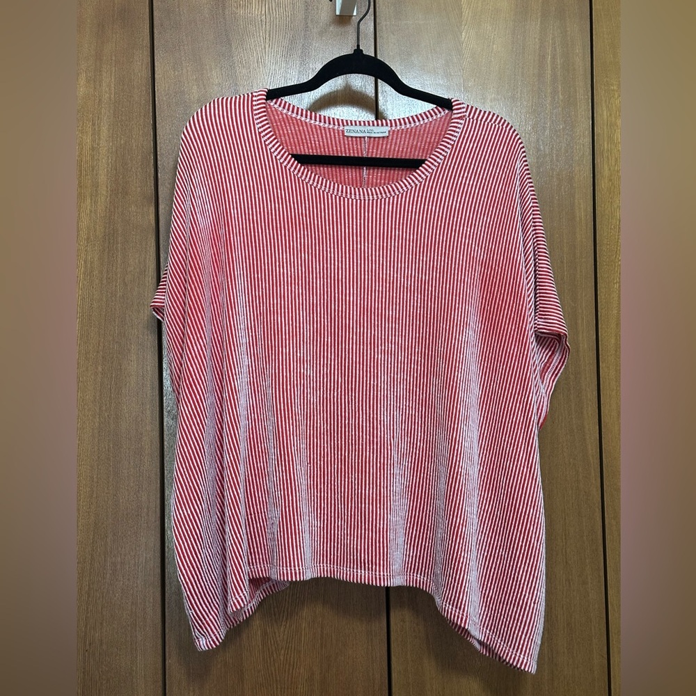 Plus size Relaxed Red & White Striped Women's Top - Lightweight Knit